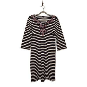 TALBOTS $109‎  Embroidered Neckline Striped Shift Dress Navy White Medium